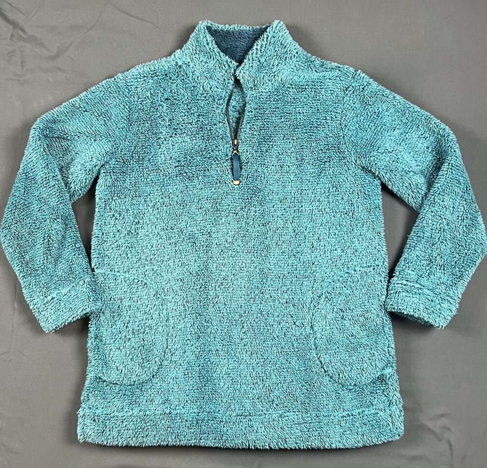 Soft Surroundings Teal Blue Faux Sherpa Plush Teddy Quarter-Zip Pullover Jacket